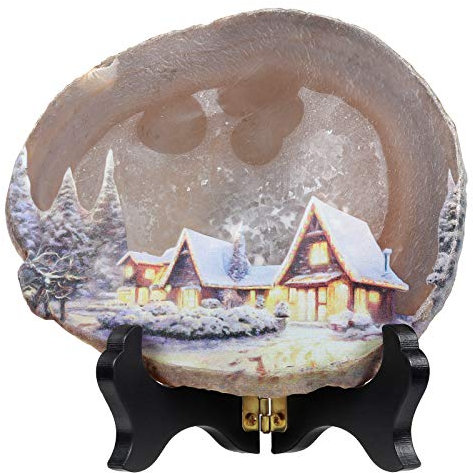 KYEYGWO Unregelmäßige Achat Scheiben mit Holz Ständer, Achatscheiben Edelstein Feng Shui Desktop Ornament Landschaft Gemalt Stein Dekoration für Reiki Heilung Meditation, Baum und Haus