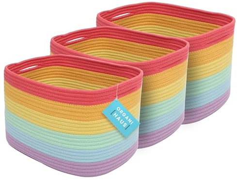 OrganiHaus Regalkörbe, Wollkorb, Aufbewarungs Korbe, Aufbewahrungsboxen Stoff, Stoffkörbe, Wäschekorb Flach, 3er Aufbewahrungskorb Set, Regenbogen