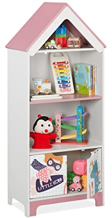 Relaxdays Étagère Enfants Super-héroïne, 4 Compartiments à Jouets, Armoire à Portes, HxLxP 116x51x30 cm, Blanc et Rose