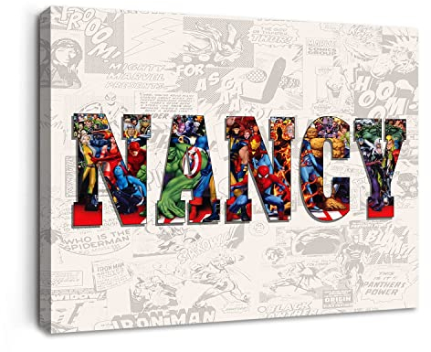 sky art Personalisierbarer Avengers Name Wort Kunstdruck Superhelden Leinwand Gemälde Charakter Poster Kinder Name Aufkleber Vinyl für Jungen/Mädchen Schlafzimmer 60x90cm