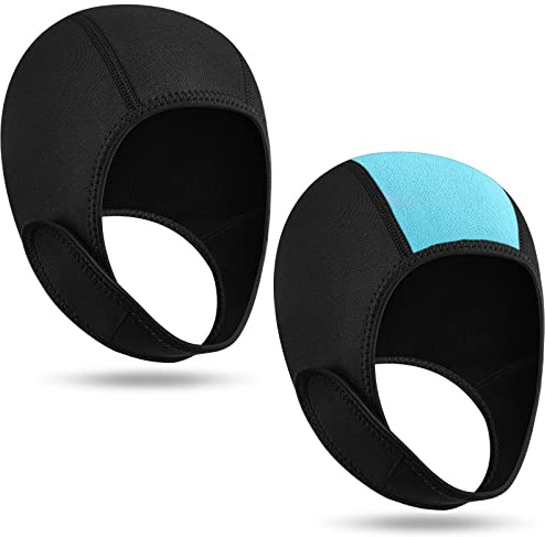 Jecery 2 Pcs Neoprene Diving Hood Thermal Wetsuit Hood Cap Swim Caps with Chin Straps Snorkeling Neoprene Surf Beanie 2.5 mm Diving Headgear for Men Women Sailing Water Sports(Black, Black Blue)