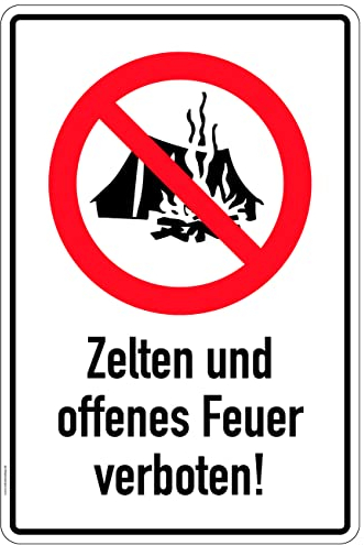 Aufkleber Hinweistafel Zelten Warnung Gebot Schild Folie selbstklebend | Variante wählbar Made in Germany, Größe: Zelten/Feuer verboten | 45x30cm