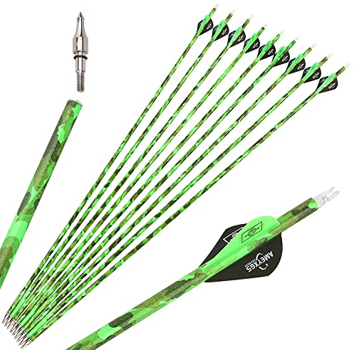 SHARROW Bogenschießen Carbonpfeile 30 Zoll Carbon Pfeile Jagdpfeile Spine 500 Camo Pfeilschäfte aus Carbon Bogenpfeile für Compound Recurve Bogen (12 Stück, Grün)