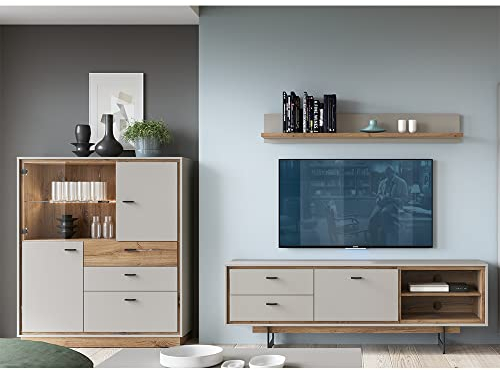 Lomadox Wohwand Wohnzimmer modern Eiche grau, mit Lowboard, Wandregal und Vitrine, B/H/T ca. 331/180/40 cm