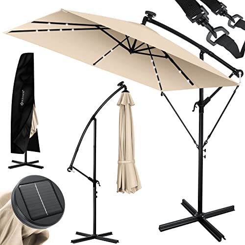 KESSER® Ampelschirm Holly Sonnenschirm Rechteckig LED Solar inkl. Abdeckung | Kurbel-Schirm mit Ständer UV-Schutz Aluminium Wasserabweisend Ø350cm Gartenschirm Beige