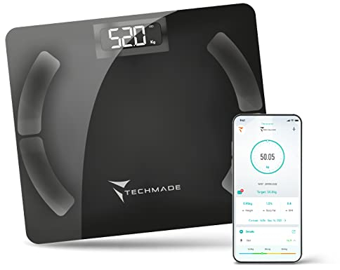 Techmade Digitale Personenwaage – Impedanzwaage mit App, Körperanalyse, kabellos, für iOS/Android, Fett- & Muskelmasse, BMR, Schwarz