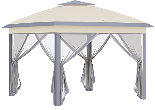 Outsunny Carpa Plegable 3,3x3,3 m Cenador de Jardín con Altura Ajustable en 3 Niveles Doble Techo 4 Mosquiteras Extraíbles y Bolsa de Transporte Impermeable Anti-UV Gazebo para Exterior Fiestas Beige