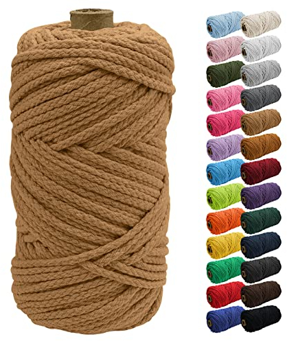 Uiopa Macrame Cord 5mm x 90m, Thick Macrame Rope 8-Strand Braided Cotton Rope, Khaki Cotton Cord for Plant Hangers, Wall Hanging, Dream Catcher, Garden, DIY Projects