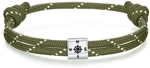 J.Endéar Kompass Nautische Paracord Armband für Herren, Silber 925 Handgefertigtes Seil Unisex Armband Surfer Sommer Strand Schmuck Partner Freundschaft Geschenk, Grün