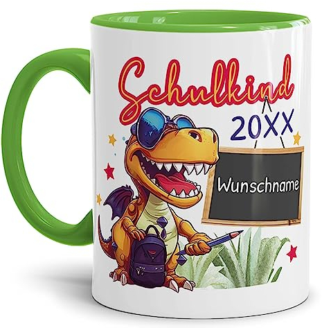 Tassendruck Personalisierbare Tasse zur Einschulung - Schulkind mit Name und Jahr personalisiert - Dino Tasse, personalisierte Geschenke zur Einschulung | 300ml, Innen & Henkel Hellgrün