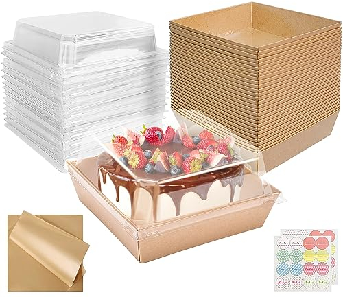 CoKeeSun 30PCS Cake Slice Boxes with Clear Lids, 5Inches Reusable Boxes for Cake Portions, Charcuterie Boxes with Baking Paper and Sticker, Takeaway for Sandwiches, Dessert, Cookie (Brown)