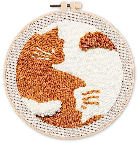 Figured'Art Punch Needle Set für Erwachsene - Stickerei, ideal für Anfänger - Katzen - 20x20cm mit rundem Rahmen