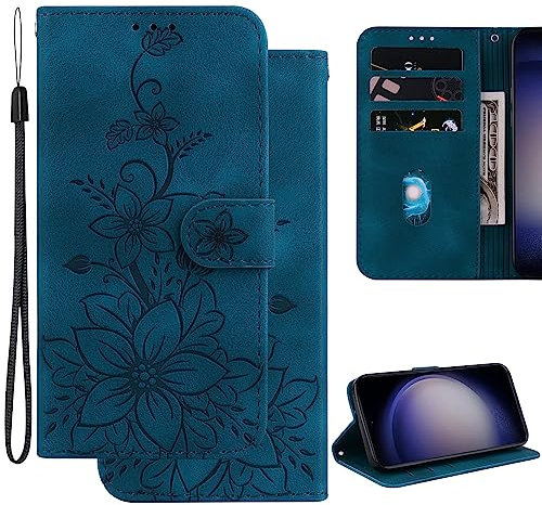 Ammeer Hülle für Blackview A60 Pro, Prägen Blume Muster Magnetische Flip Folio Cover PU Leder Schutzhülle Handy Tasche Brieftasche Wallet Case Ständer - Blau