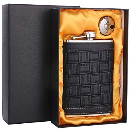Whisky Alkohol Flachmann,MäNner Frauen 9 Unzen Edelstahl Flachmann Leder Schwarz Fluted Leder Outdoor Sport bewegliche Weinflasche for Whisky Personalisiert (Color : 9oz with gift box)