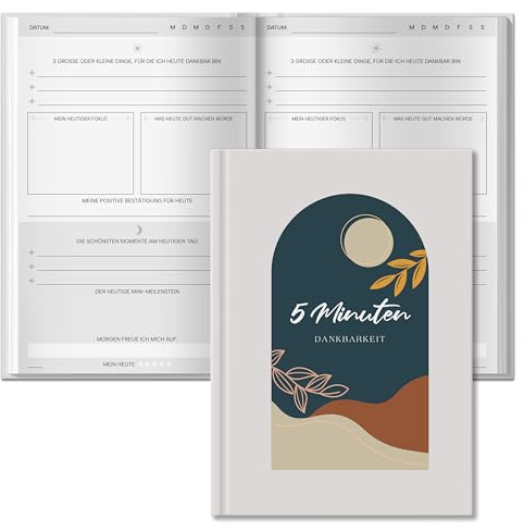 BIROYAL 5 Minuten Tagebuch für Erwachsene, 128 Seiten, A5 | die Kombination aus Mindfulness- & Dankbarkeitstagebuch | Achtsamkeitstagebuch | Journal für Selbsterliebe & Motivation