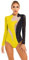 MSemis Damen Body mit Bein Langarm Body Stehkragen Top Gymnastikanzug Elastische Sport Turnbody Ballettanzug Tanz-Body Leotards Schwarz Gelb XL
