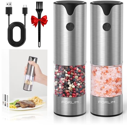 FORLIM Moulin à Poivre Electrique, USB Rechargeable, Salieres et Poivrieres Electrique Automatique avec Couvercle anti-poussière, Commande à Bouton Unique, Lumière LED Chaude, 2 PièCes (argenté)