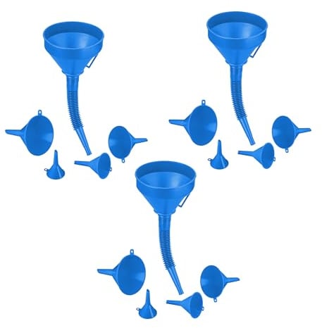 Relaxdays 15-teiliges Trichter Set, 5 Größen, Flexibler Schlauch, entnehmbares Sieb, Auto Öltrichter, universell, Kunststoff, blau