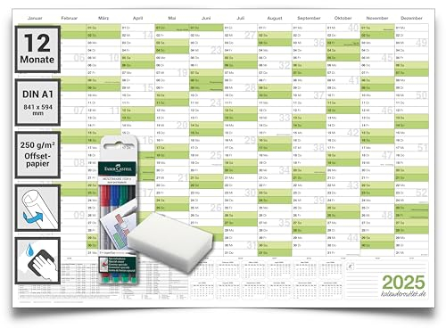 Kalenderoutlet ® DIN A1 abwischbarer Wandkalender 2025 gerollt 84,0x59,0 cm groß inklusive 4 Marker und Schwamm. Wandplaner ist feucht korrigierbar, Jahresplaner in deutscher Sprache