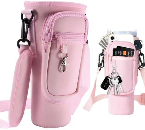 Water Bottle Carrier Bag, Bottle Bag for Stanley Cup 40oz, Adjustable Shoulder Hand Strap 2 Pocket Sling Neoprene Sleeve Sports Water Bottle Accessories Stanley Bag Carry Case for Walking and Hiking