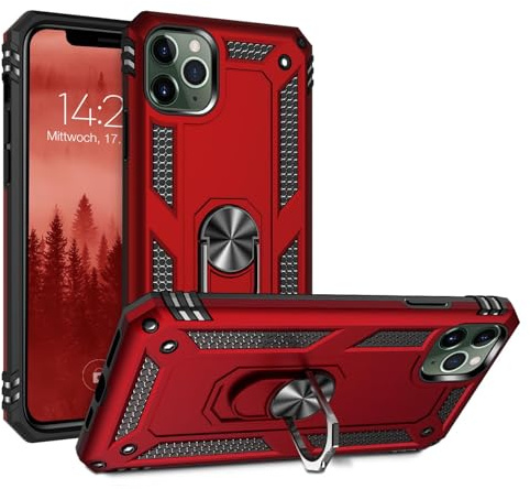 LBH Outdoor Hülle für Apple iPhone 11 Pro Max Armor Militär Stoßfest Handyhülle 360 Grad Metal Ring Halter Ständer Schutzhülle für Handyhalterung Auto Magnet Rot