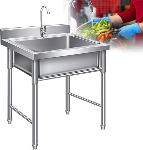 Outdoor Stainless Steel Square Sink,Single Bowl Commercial Kitchen Sink Catering Sink Unit with Drainer Unit and Tap for Bar Garage Restaurant Camping