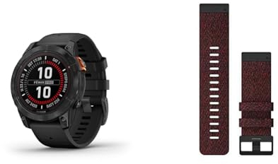 Garmin fēnix 7 PRO SOLAR, Multisport GPS Smartwatch, Advanced Health and Training Features QuickFit 26 Watch Bands- Heathered Red Nylon