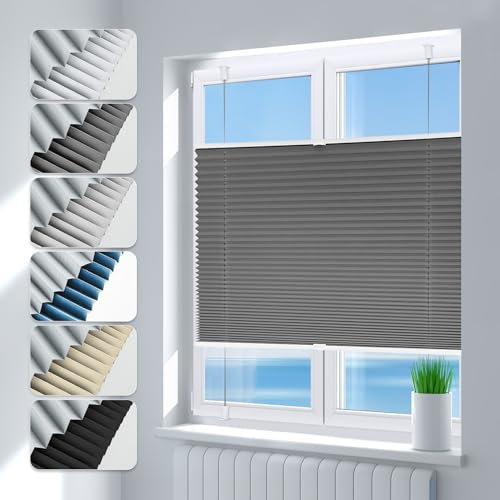 Deswell Plissee ohne Bohren Verdunkelung Klemmfix Verdunklungsplissee B105 x H120 cm Grau, 100% Blickdicht lichtundurchlässig Thermo Plissee Faltrollo Sichtschutz Sonnenschutz für Fenster Tür