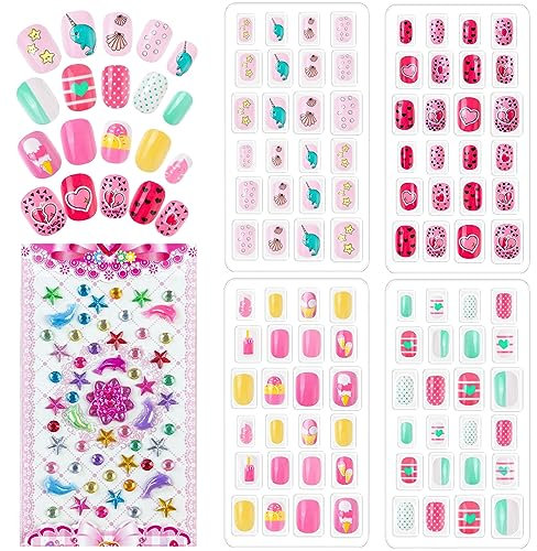VZXQX Lot de 96 faux ongles pour filles avec autocollants en strass artificiels pour enfants