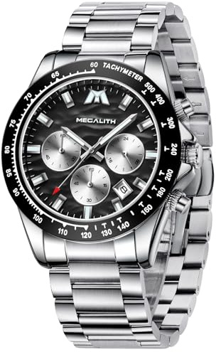 MEGALITH Armbanduhren Herren Chronograph Analog Quarzuhr Silber Groß Wasserdicht Herrenuhr Edelstahl Uhr Männer Geschenk (Schwarz)