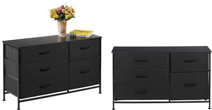 simpa Chest of Drawers - Set of 2 Fabric Storage Tower with 5 Drawers, Sturdy Black Steel Frame, Black Wooden Top & black Easy Pull Fabric Drawers