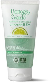 Bottega Verde - Vitamin B3+, 2-in-1-Gesichtspeeling, 75 ml, mit Vitamin B3 und Bergamotte, Peeling und Peeling, reinigende und normalisierende Wirkung, für Mischhaut oder fettige Haut