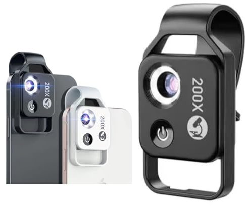 Nanozoom 200x Magnification Zoom, Nanozoom Cell Phone Lens, Nano Zoom Lens 200x for iPhone, Phone Microscope with Cpl Lens/LED Light and Universal Clip (Black)