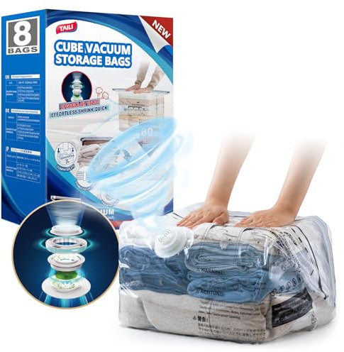 TAILI Cube Travel Vacuum Storage Bags 8 Pack, Medium Size (25x19x11 inch), Reusable Vacuum Packing for Clothes Suitcases and Travel Luggage Space Saver