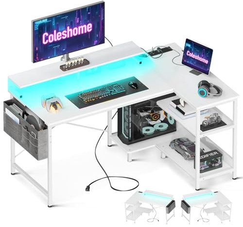 Coleshome L Shaped Gaming Desk with LED Lights, 120 × 80 cm Computer Desk with Power Outlet, Reversible Corner Gaming Table with Storage Shelves & Monitor Stand, White