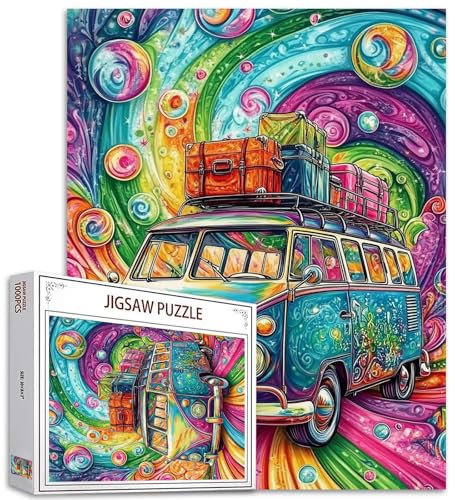 Graffitic Car 1000 Piece Jigsaw Puzzles for Adults Cool Bus with Trunk Painting Jigsaw Puzzle Rainbow Automobile Puzzles for Challenging Family Activity Art Landscape DIY Puzzle Decor Gifts(Colorful)
