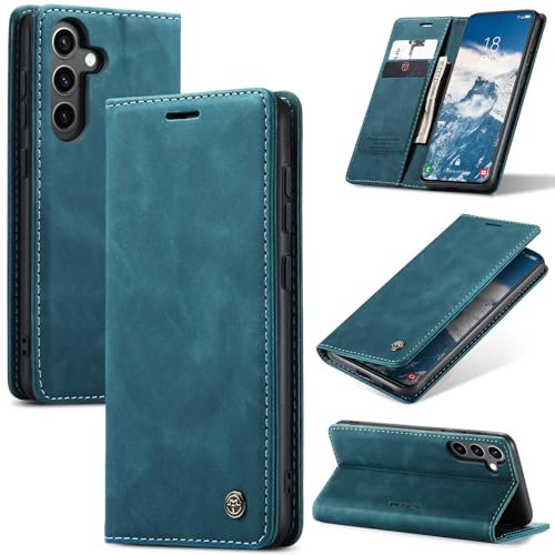 Cracedily Coque pour Samsung Galaxy S24 FE 5G Pochette, Etui Protection Housse Premium en Cuir PU, Etui à Rabat Pochette de Portefeuille Étui pour Galaxy S24 FE Case, Bleu Vert