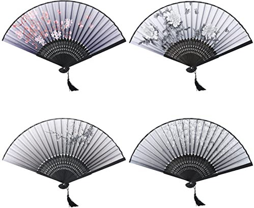 Halinuia Lot de 4 éventails traditionnels chinois en bambou, éventail pliant chinois pour costume Hanfu mariage, décoration de maison murale et cadeaux, 38 x 21 cm, élégant