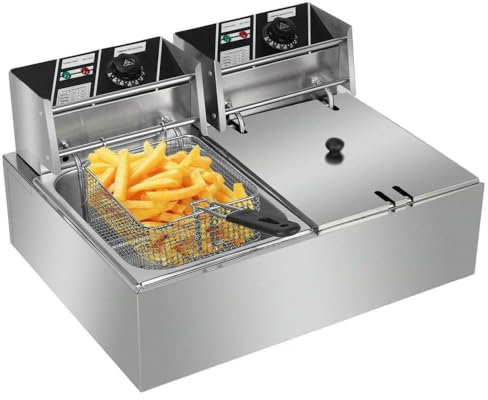 5000W Electric Double Deep Fat Fryer, 12L Stainless Steel Electric Countertop Fryers for Commercial Home Kitchen and Restaurant Use w/Lids and Baskets