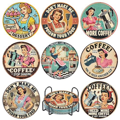 8 pièces de kits de sous-verres en art diamant Clendo au design rétro de ménagère, sous-verres en peinture diamant vintage avec support et tampons en liège, kit d'art de gemmes à faire soi-même pour