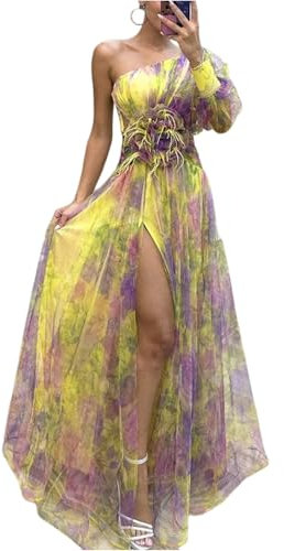 Robe Mariage Invitée Femme Ete Dentelle Fluide Maille Robe Femme Chic Et Elegant Mariage Boheme Fleurie Vetement Ete sans Manches De Cérémonie Portefeuille Élégante Summer Dress(Jaune,L)
