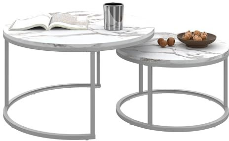 Ginhow 2 Teilig Wohnzimmertisch Weiß, Beistelltische-Set Rund, Set mit 2 Couchtische mit Stabiles Metallbein, Ø70 + Ø50 cm (Weiß und Silber)