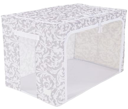 Periea ‘Beau’ Folding Collapsible Stackable Fabric Home Storage Boxes with Steel Frames (Grey Damask, Jumbo)