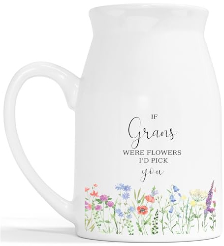 Personalised Flowers Milk Jug Vase - Were Flowers I'd Pick You Wild Flower Ceramic Customised Vase - Mothers Day Nanny Gran Mum Mom Mummy Grandmother Aunty Friend - White Vase 450ml