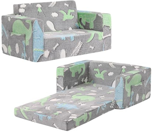 YOTATING Kinder-Sofa-Stuhl, 2-in-1-Kind-Ausklappcouch, bequemes Doppel-Kinder-Sofabett für Spielzimmer, extra weich, 2-Sitzer, Kindercouch zur Liege für Mädchen und Jungen, grauer Dinosaurier
