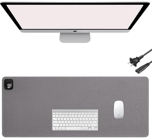 Onlytop Heated Desk Pad & Mouse Pad – Adjustable Temp & Auto Shut-Off, Large Waterproof Leather Warm Desk Mat with Non-Slip Base for Cold Office Winter Use (Gray, 31.5 x 13)