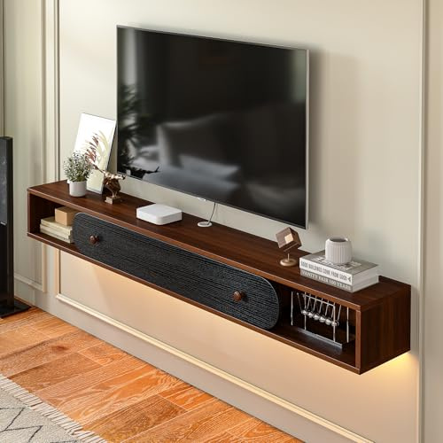 FloatiCasa 140cm Walnut & Black Floating TV Stand, 1 Door & 2 Open Cabinets