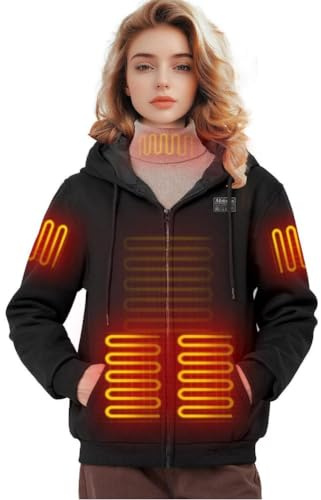 Moteoza Heated Hoodie for Women with 7.4V 12000mAh Battery Pack Upgraded Women Heated Sweatshirt with 6 Heating Zones Black, Black, M