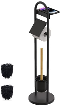 Relaxdays toilet set, HxWxD: 79 x 21.5 x 21.5 cm, standing toilet paper holder with shelf & brush, black/natural