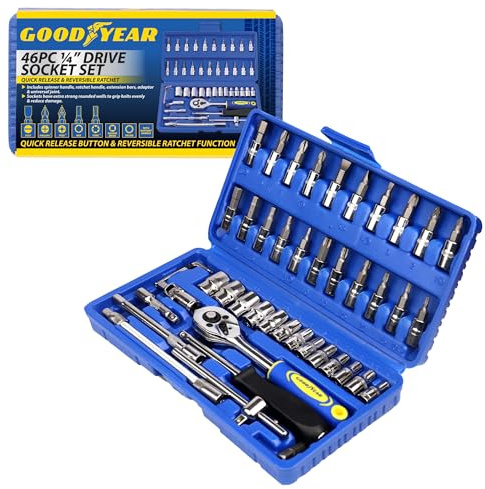 Goodyear 46-Piece 1/4 Drive Socket Set – Quick Release Ratchet, Reversible Function, Spinner Handle, Extension Bars, Adaptor & Universal Joint – Strong Grip Rounded Wall Sockets